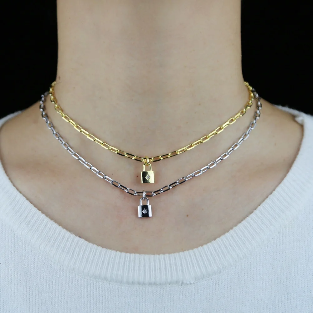 

New Gold Silver color chains punk padlock necklaces for women rock hip hop lock pendant necklace with link chain adjustable, As pic