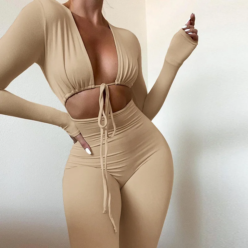 

2021 Sexy Rompers Women Jumpsuit Mono Solid Playsuit Barboteuse Bandage Hollow One Piece Jumpsuits P165611A, As shown in the picture