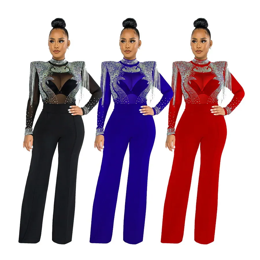 

Foma CY9232B sexy clubwear rompers for women fashion sexy mesh rhinestone fringed jumpsuit with zipper long pants, 3 colors