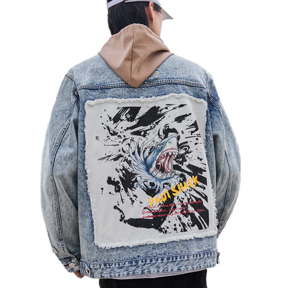 

2021 New Fashion Acid Washed Denim Jacket With Big Patches Long Sleeve Distressed Patch Denim Jacket For Men, Medium blue