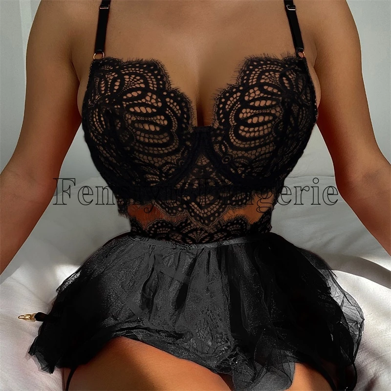 

Women Sexy Lingerie Mesh Tutu Lace Underwear With Garter Belt Transparent Black Lingerie Women Sexy Lace Underwear, Black, red,