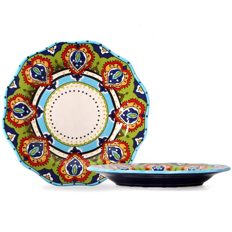 

Hand-painted floral pattern large bohemian dinner plate dessert dish charger plate