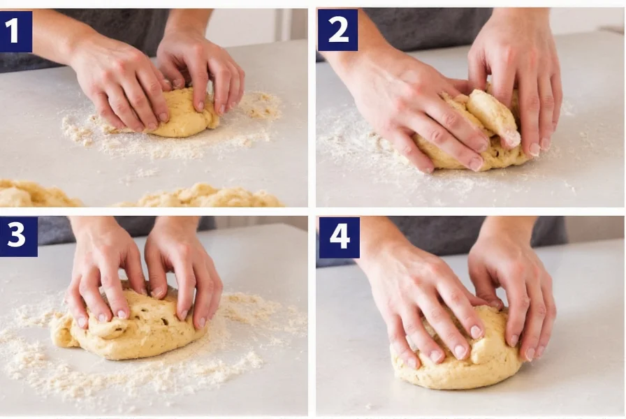 Step-by-step process of making cinnamon roll dough, showing hands kneading soft, elastic dough on floured surface