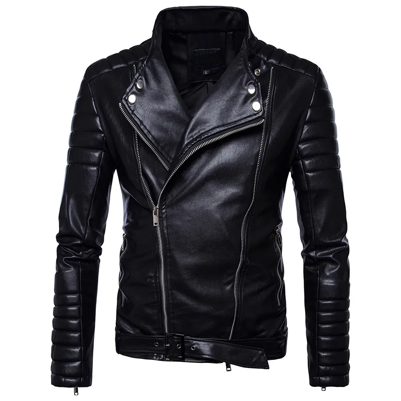 

Wholesale Fashion Mens Side Zippers Up Locomotive PU Faux Leather Jaket jaqueta couro masculina Black Moto Bike Leather Coat