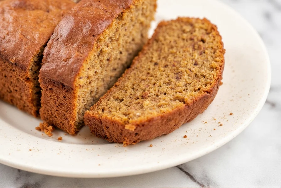 Moist cinnamon donut bread loaf with visible swirls and glossy glaze on white ceramic plate