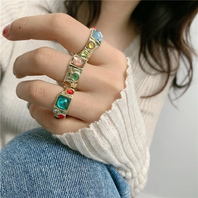 

Retro court style round square Acrylic ring female crystal ring jewelry, As picture