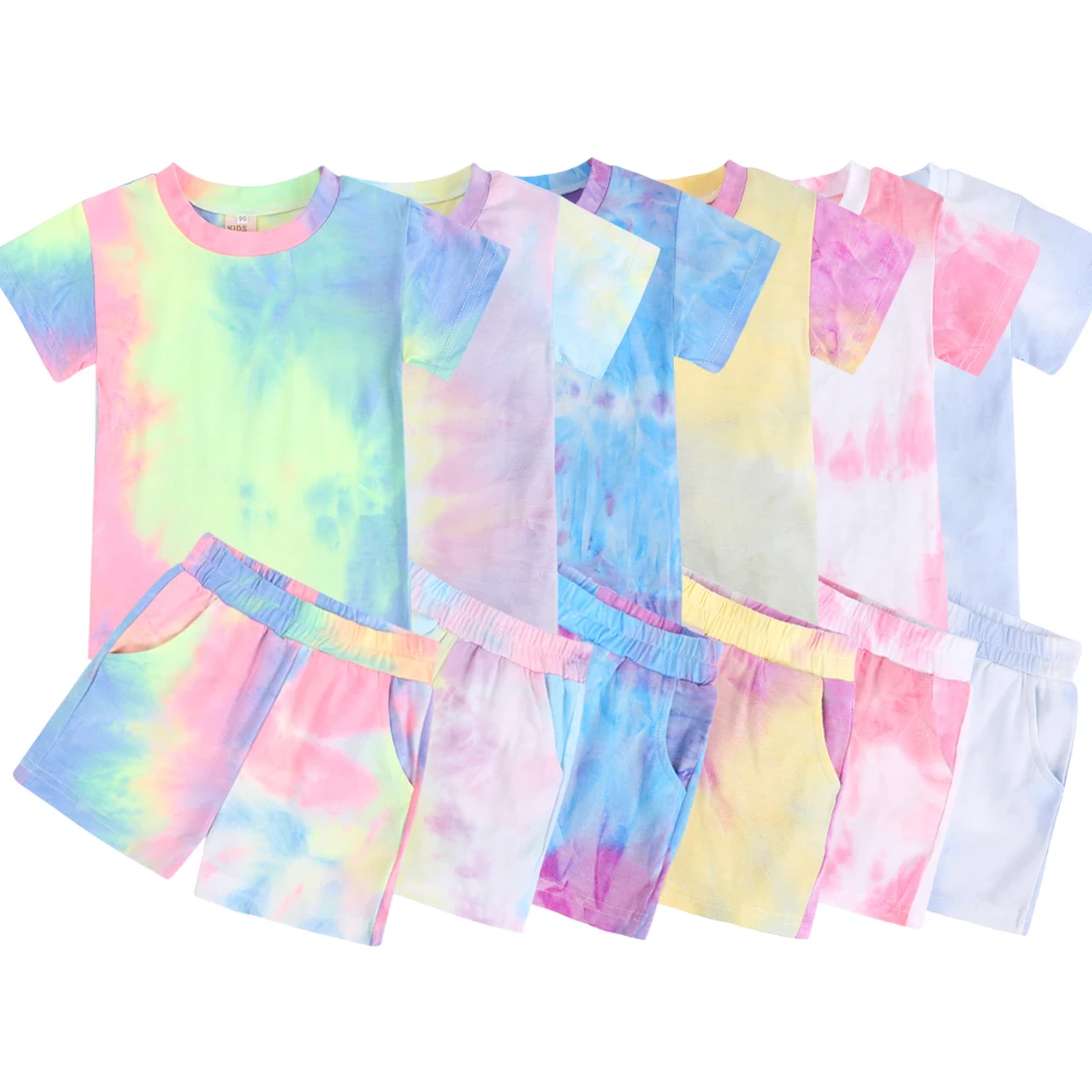 

wholesale cotton summer two pieces tie dyed fashion pajamas sets short sleeve tie dye kids clothes 2022, As picture