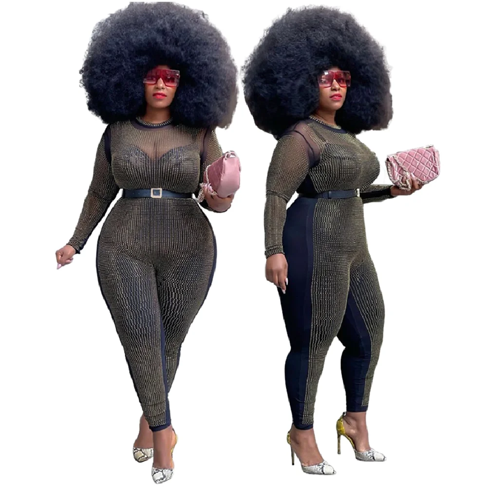 

TZ0008 2021 New Arrival Hot Selling Long Sleeve Plus Size Jumpsuits Tight Sexy Mesh Hot Drill Jumpsuit Pants