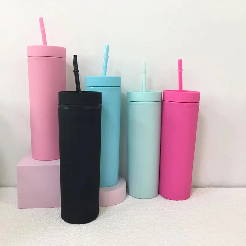 

Colorful 16oz Acrylic Skinny Tumbler Fashionable Coffee Mugs Double Wall Insulation Milk Cup With Lid and Straw, 6 colors can choose