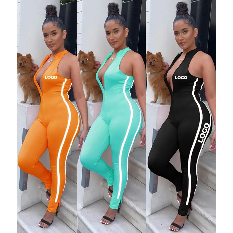 

Free Shipping New Arrival Deep V Factory Custom Backless One Pieces Patchwork Reflective Strip Woman Jumpsuit, Customized color