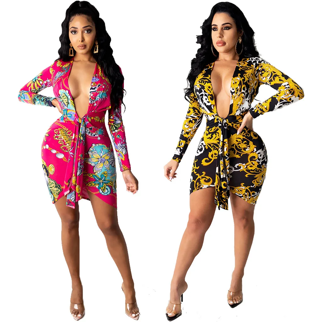 

SMR10449 Popular dropshipping agent 2021 printed lace up fashion women dress woman fall dress deep v-neck floral casual dresses