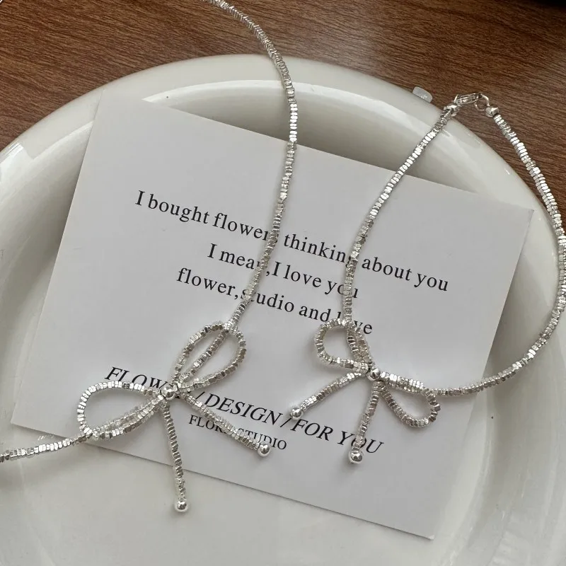 Vintage 925 Sterling Silver Broken Silver Beads Beaded Bowknot Necklace Bracelet for Women Girl