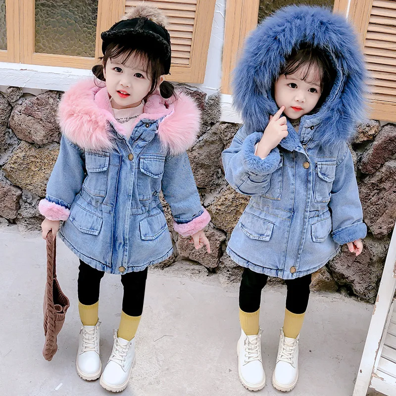 Baby Girls Winter Jackets Plus Velvet Thicken Warm Toddler Cowboy Outerwear For Infant Girl 2-6 Y Denim Coat