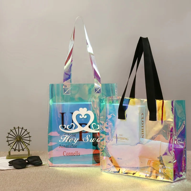 

Hot sale custom logo print transparent waterproof laser holographic Iridescent PVC shoulder tote bag