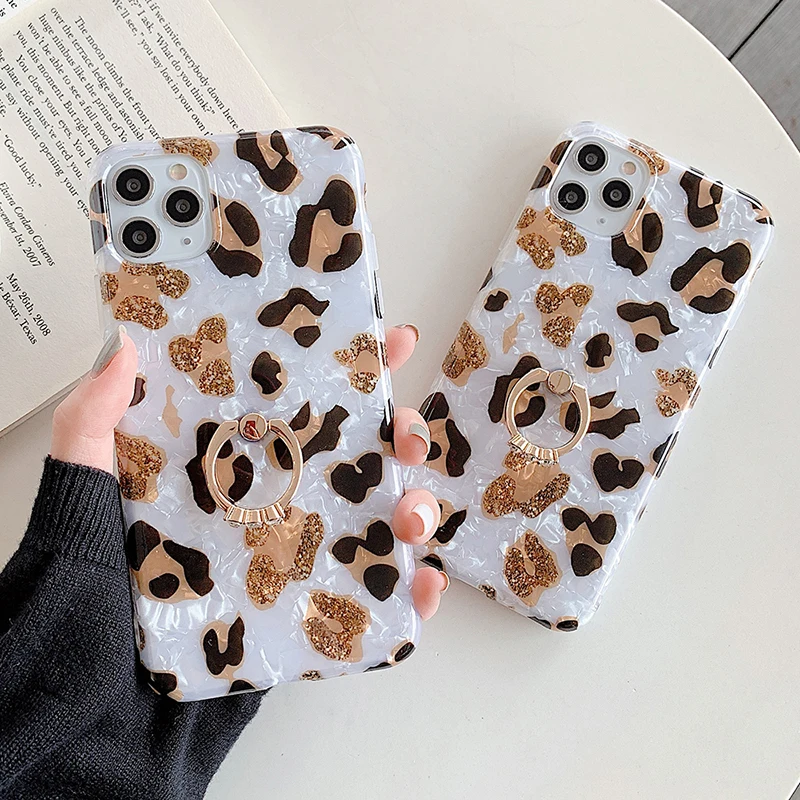 

2021 New Soft TPU Leopard-print Cell Phone Case with Ring Holder for iPhone 12