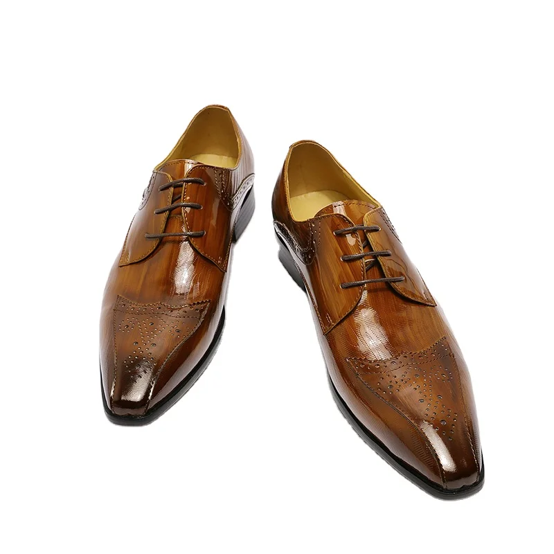 

Patent Leather Brown Pointed Toe Men Shoes Formal Lace Derby Dress Shoes, Customer's requirements