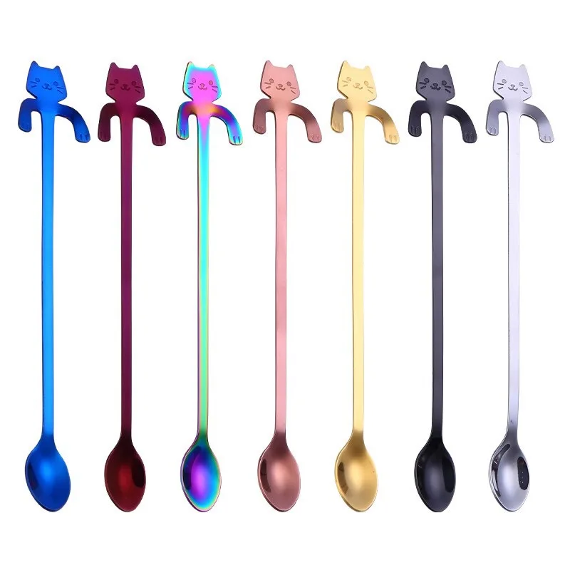 

Coffee Dessert Custom Set Small Scoop Long Spoon Stainless Steel Mixing Cat Spoon, Silver/gold/rose gold/black/rainbow/blue/purple