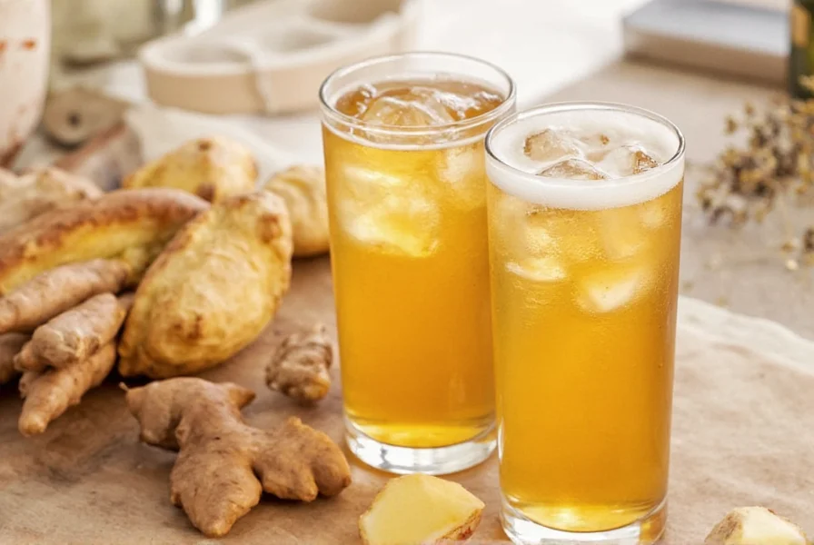Ginger root and ginger ale bottle showing natural ingredients