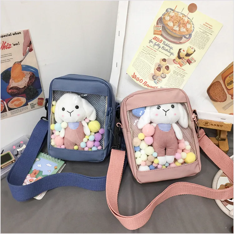 

Hot sale female new transparent cute cartoon rabbit single shoulder cross body canvas bag Korean small change square bag as gift, 8colors
