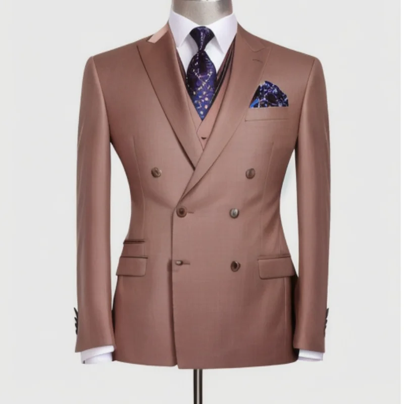Brown Double Breasted Classic Men's Suits 3 Pieces Set Wedding Groom Tuxedo Winter Autumn Business Wear Prom Party Male Suit