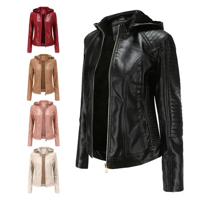 

women's hooded short jacket Large size plus velvet women's leather jacket