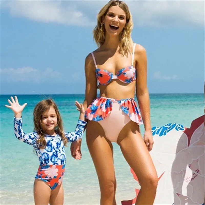 

Hot Selling Ruffled Sling Long Sleeve Underwire Swimsuit High Waist Print Bathing Suits Swimwear Mummy And Daughter