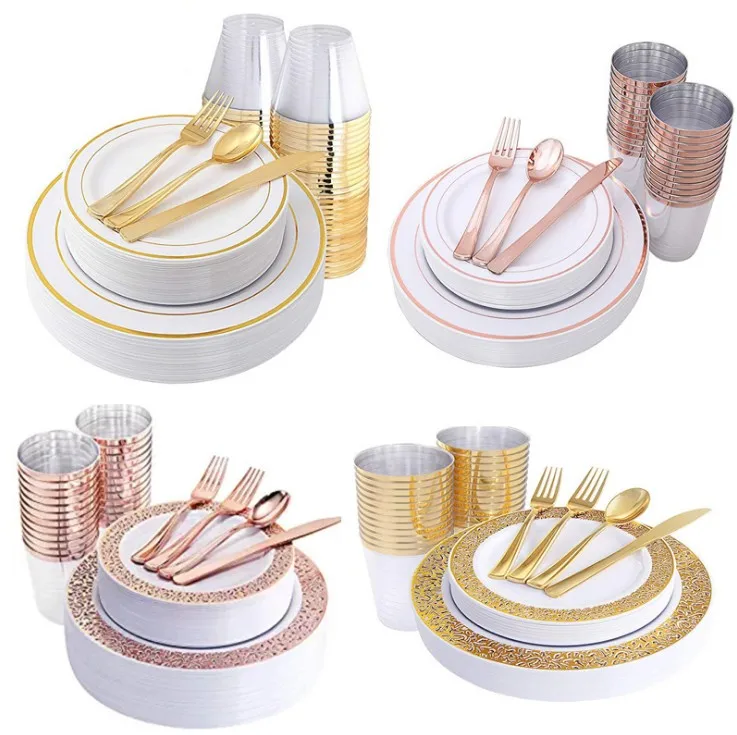 

Wholesale Wedding Dinner Gold Disposable Plastic Dish Plates Sets Dinnerware, Gold and rose gold