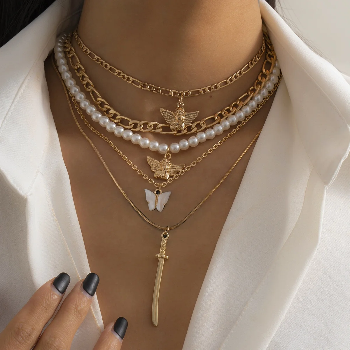 

5 Pcs/Set Fashion Gold Color Imitation Pearl Chain Angel Butterfly The Sword Pendant Multilayer Necklace Set Punk Jewelry Gifts