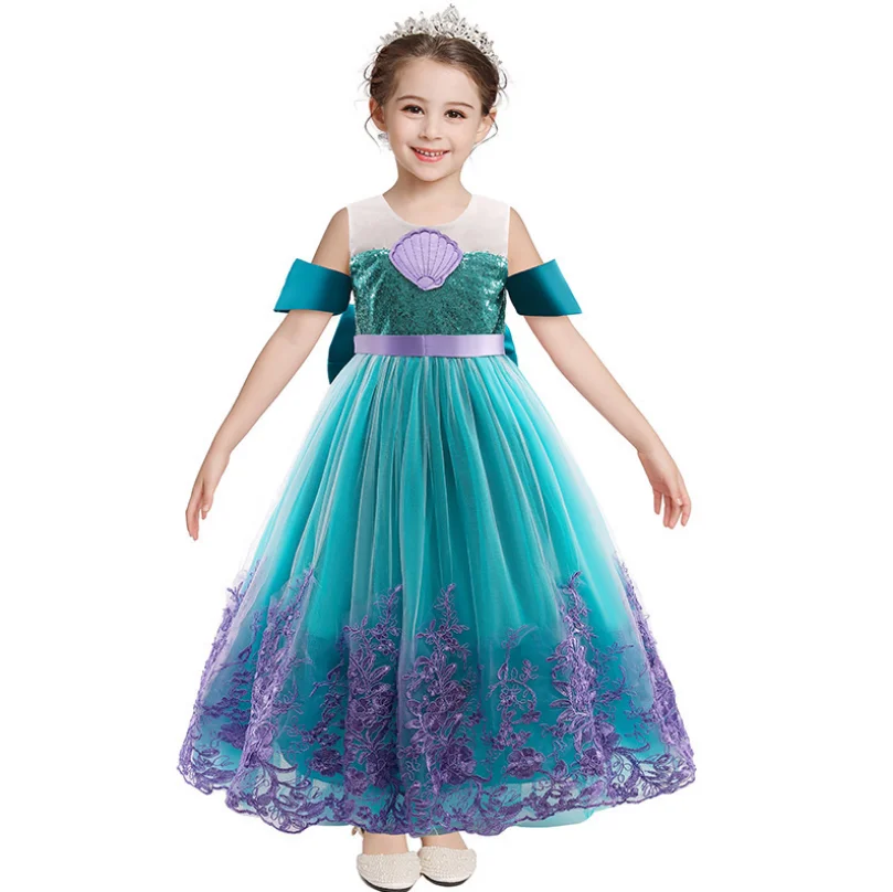 

Girl Carnival Halloween Birthday Party Dress Christmas Princess Cosplay Mermaid Ariel Costume Girl, Green,purple