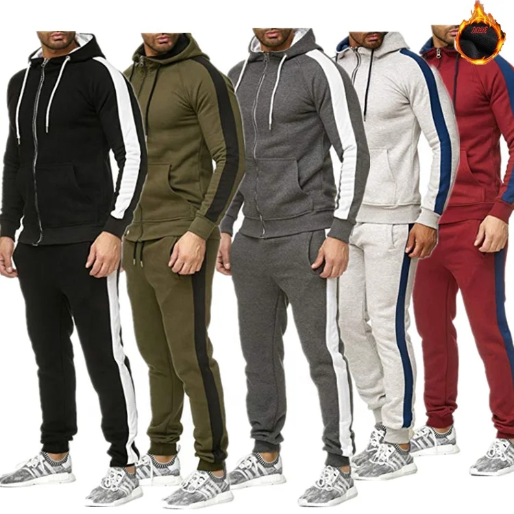 

Wholesale clothing side stripe fleece sweatsuits with zipper custom set jogging and hoodie track suit for men