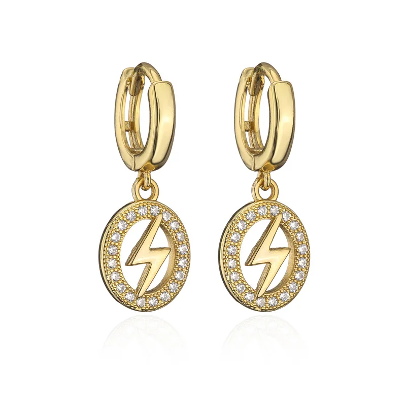 

Simple Vintage Micro Pave Zirconia CZ Lightning Dangle Earring 18K Real Gold Plated Lightning Huggie Earring