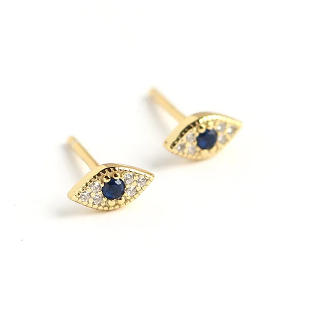 

925 Sterling Silver 14K Gold Filled CZ Tiny Eye Stud Earrings Blue Zircon Evil Eyes Stud Earrings