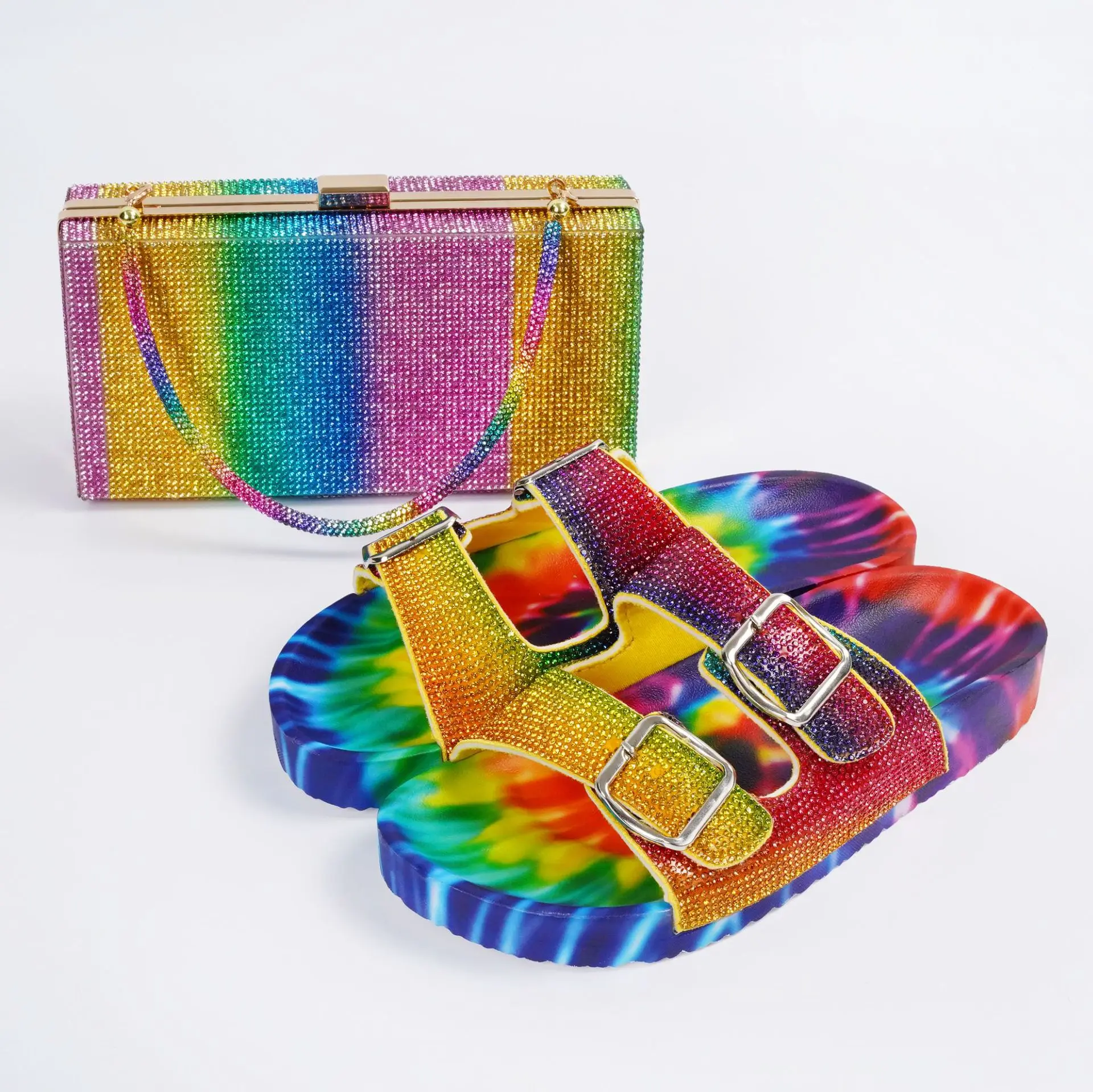 

Women Evening Party Clutches Colorful Rainbow Shoulder Bag Crystal Cross Body Bag Comfortable Sandals Slides Shoes, Rainbow color