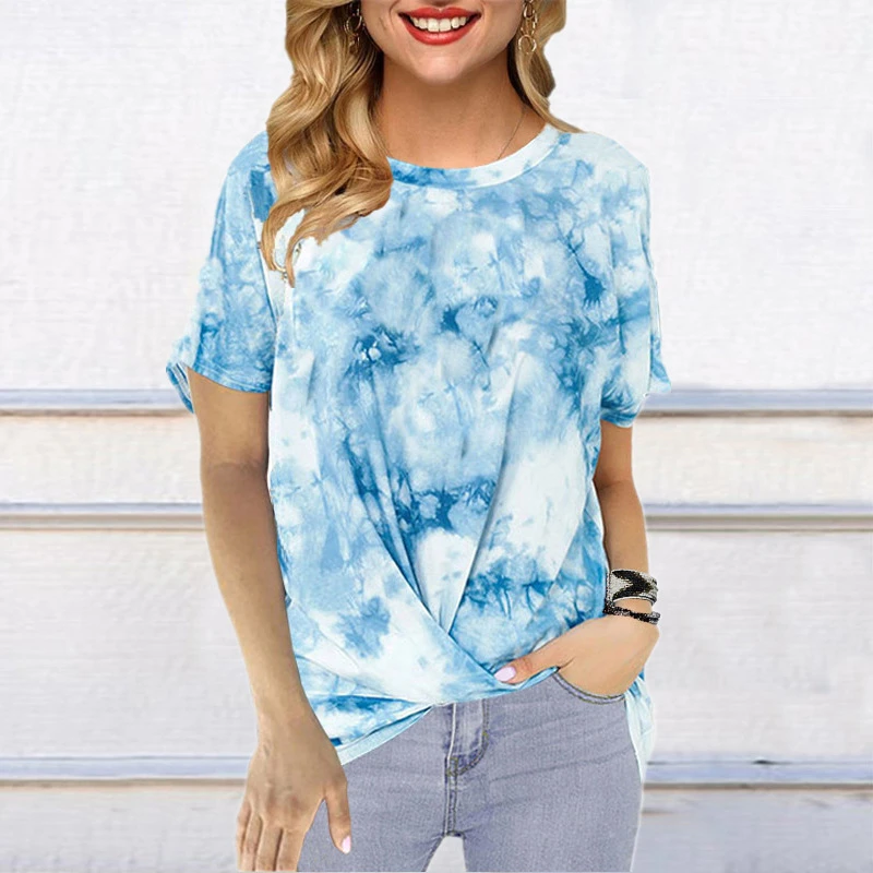 

Women's Twist Front Knot Short Sleeve Tie Dye Crop Top T-Shirt, Customized colors