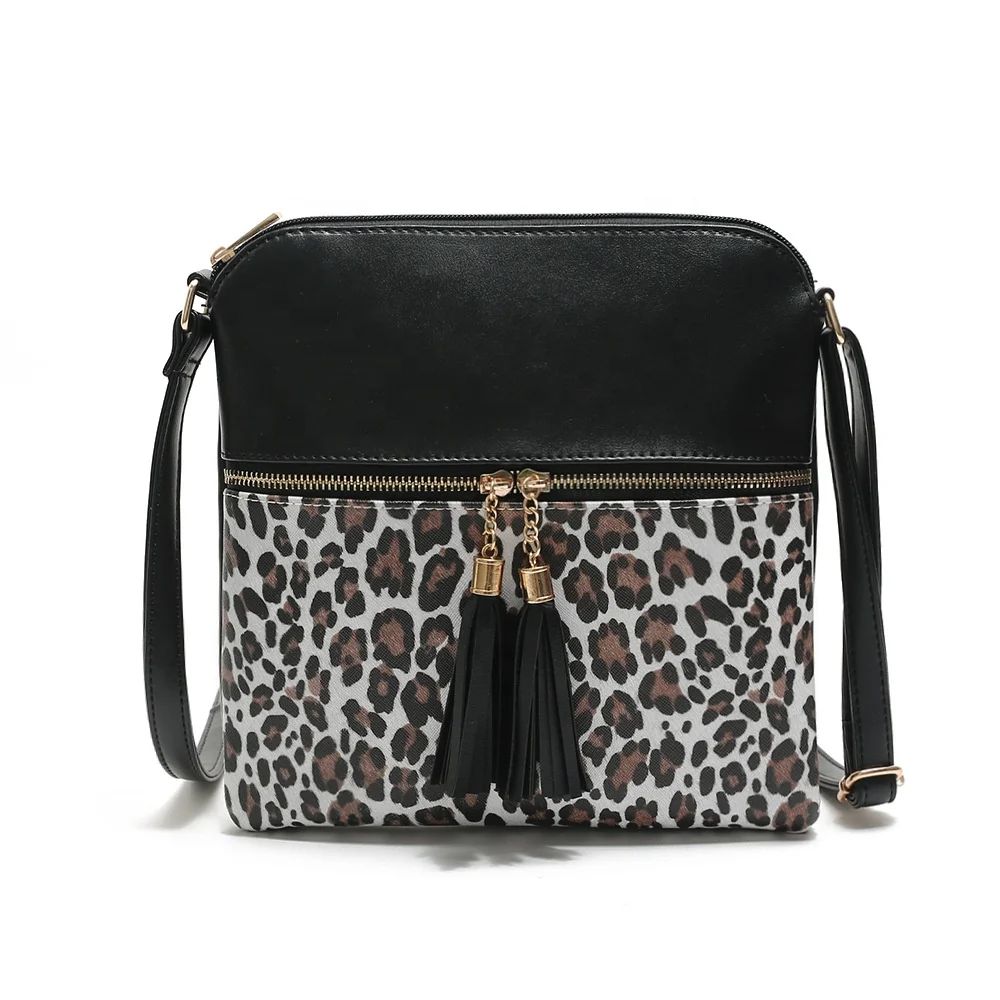 

New Arrival Stylish Women PU Double Zipper Leopard Tassel Shoulder Bag, 4 colors