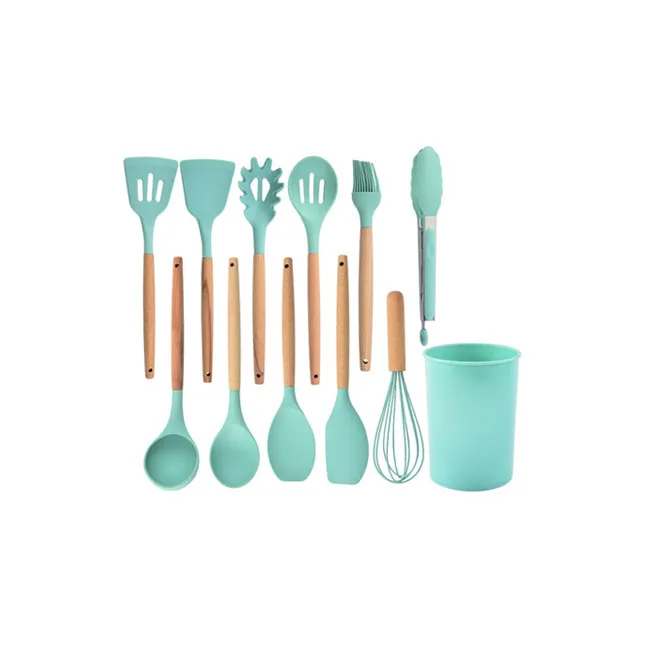 

Kitchen Utensil Set 12 Piece Utensils Silicone Tips Wooden Handles With Holder Silicone Utensils For Cooking