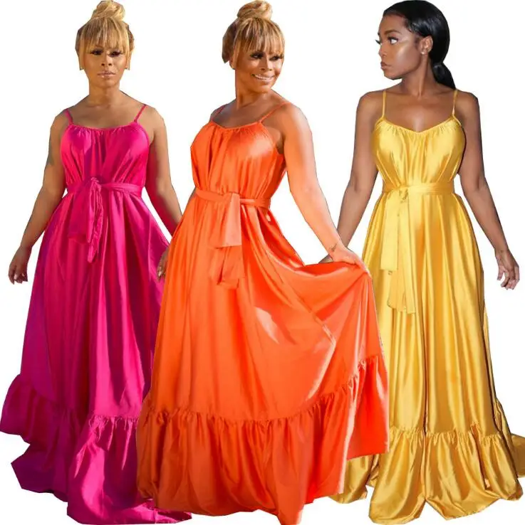 

2021 Summer 3 Colors Sexy Loose Satin Soft Beach Dress with Headband Belt Maxi Dress, Picture color