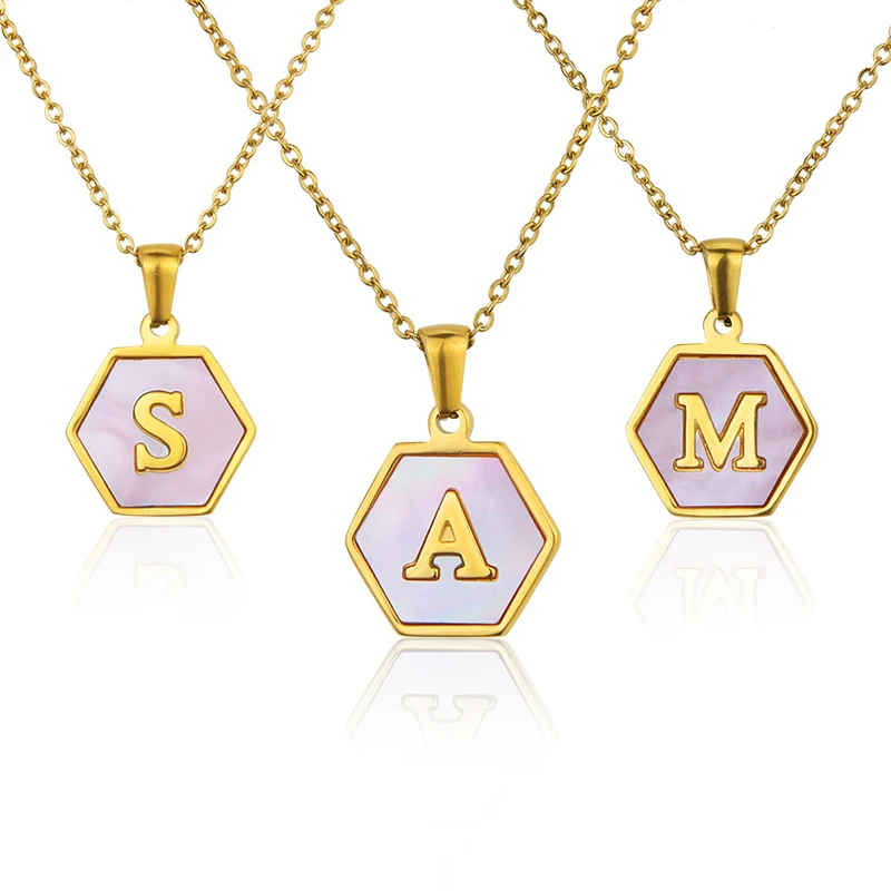 

Custom Name 18K Gold Stainless Steel Letter A-Z Initial Necklace Women's Pink Hexagon Shell Letter Pendant Jewelry, Gold color