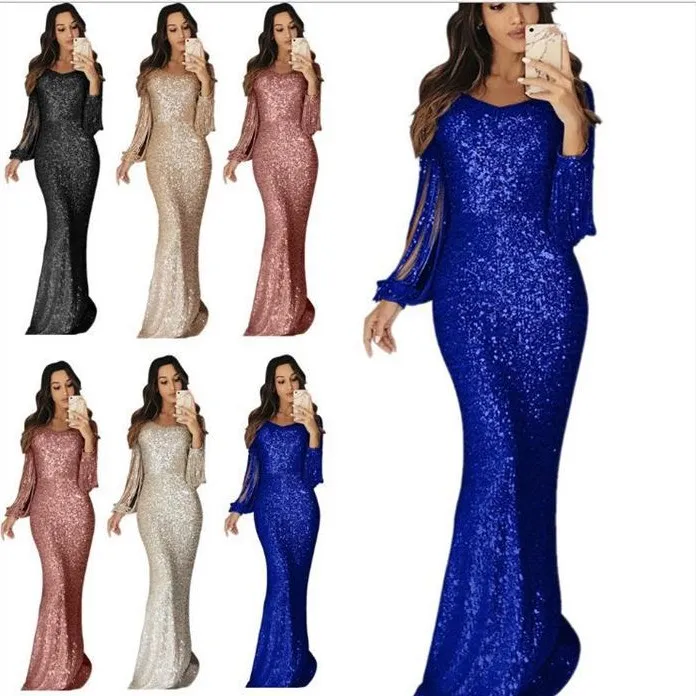 

QZ190720 2021 new arrival women's dinner dress with long sleeve tassel elegant long sleeve evening dresses ladies dress