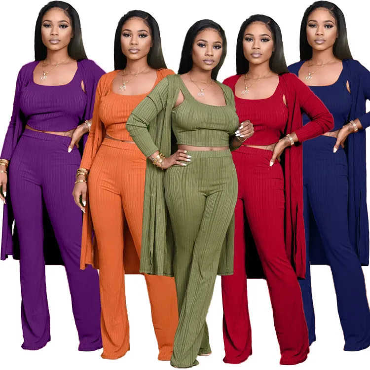

Women solid color long coat vest loose high waist pants 3 piece women fashion suits