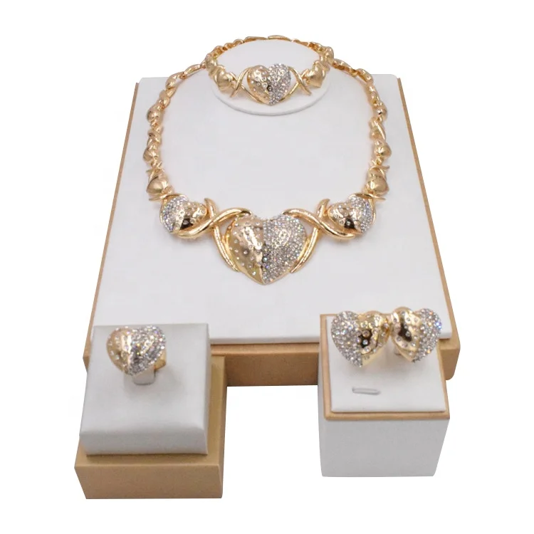 

High Quality Custom 18k Gold Plated Bridal Necklace Earrings Ring Bracelet Women Jewelry Set, Gold-color