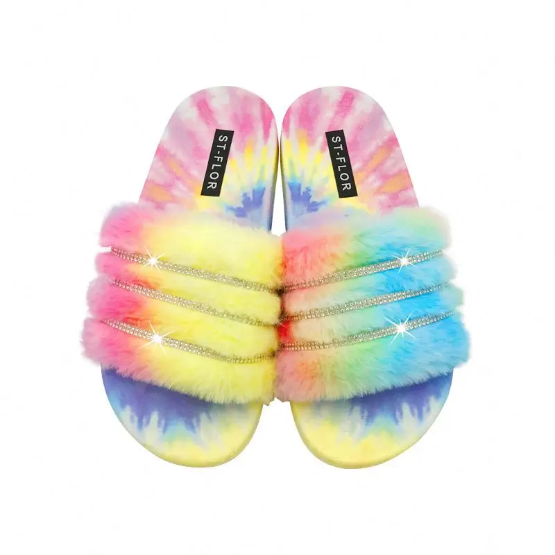 

Women's Colorful Fur Plush Slippers Thick Platform Dyed Sugar Color Furry Outdoor Slides Summer Slipper, As pic shows