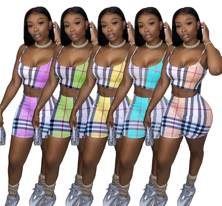 

Two Piece Crop Tops Outfits 2021 Women'S Clothing Trend Casual Cotton Biker Short Sets Plaid Summer 2 Piece Set Women