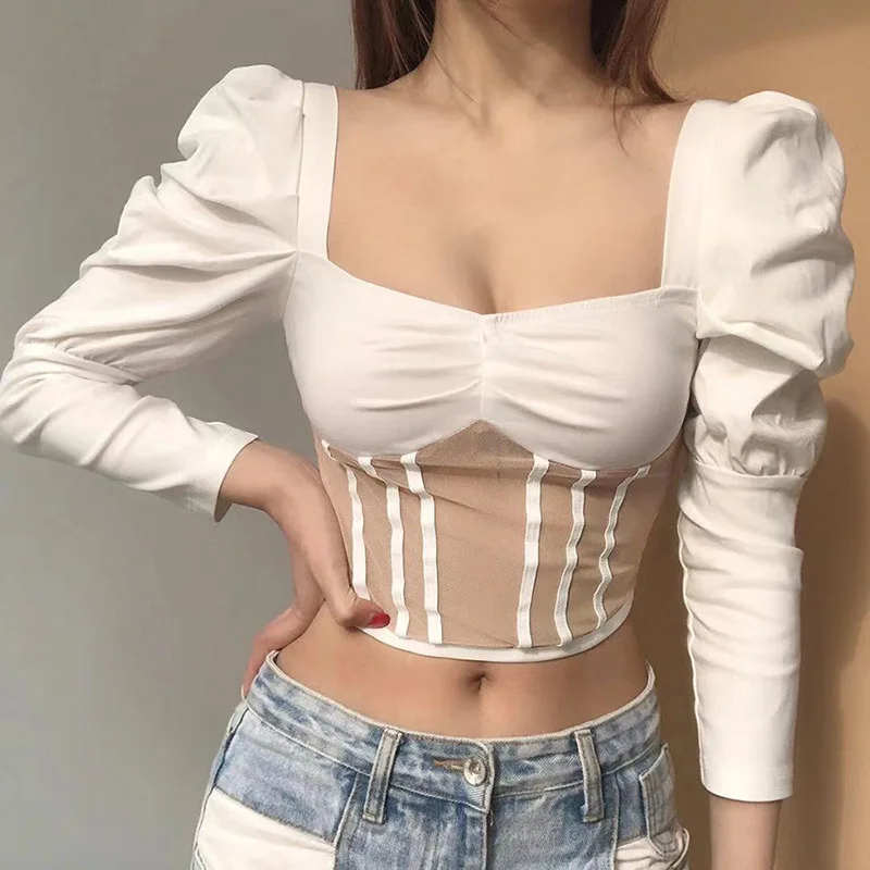

2021 Womens Clothing Summer New Style Mesh Puff Long-Sleeve Sexy Elegant Slim Women T Shirt Retro