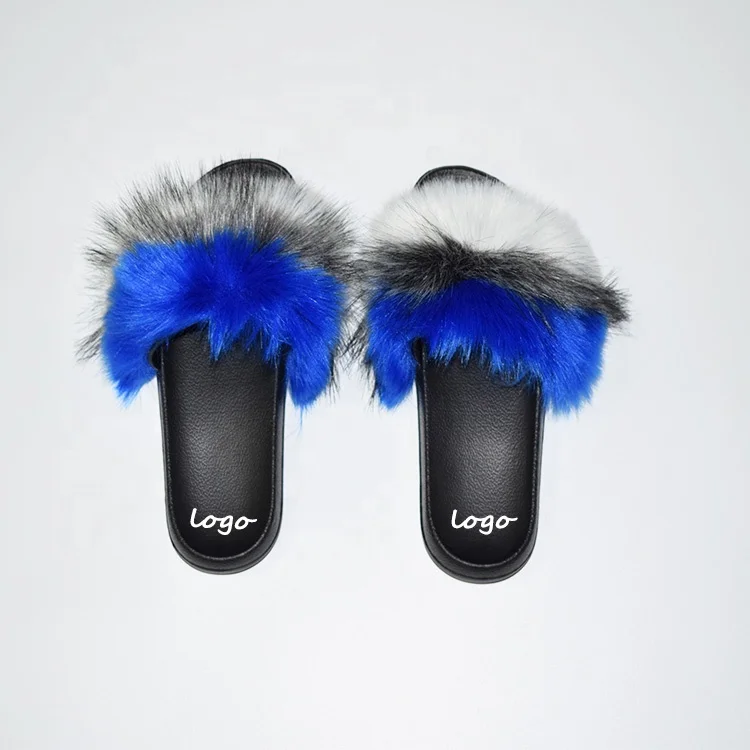 

custom logo multicolor fur slippers fox raccoon fur slides sandals big fluffy slides for women