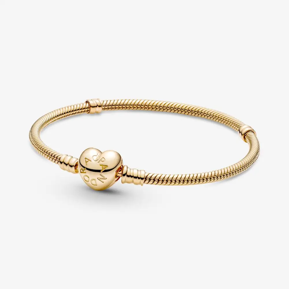 

925 sterling silver 14K gold Heart Clasp Snake Chain Moment Bracelet Fit Pandora DIY fine Charm bead 2021 women fashion jewelry