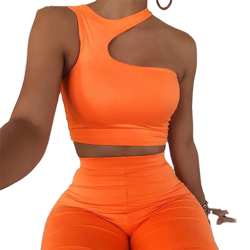 

hot high waist sportswear Top + motorcycle shorts with asymmetric two-piece suit, 4colors