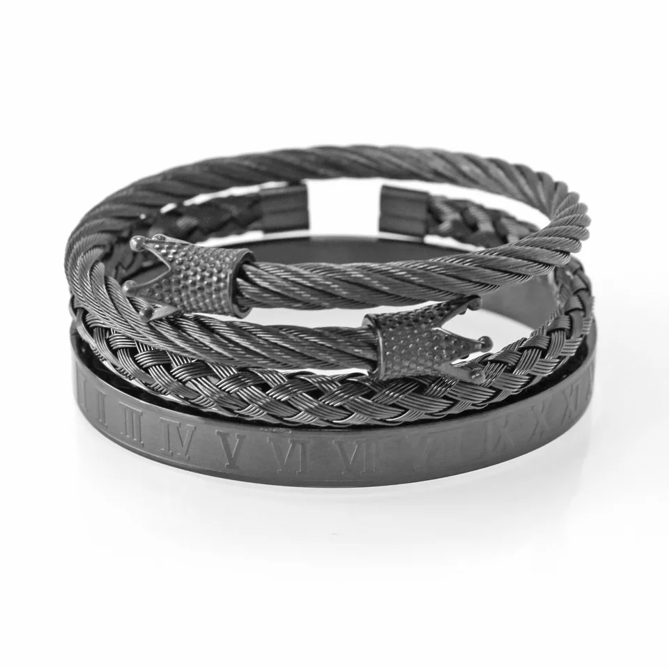 

Hot Selling Fashion Men's Jewelry Luxury Royal Crown Bangle Bracelet 3Pcs/Set Stainless Steel Roman Braided Cuff Bangle Set