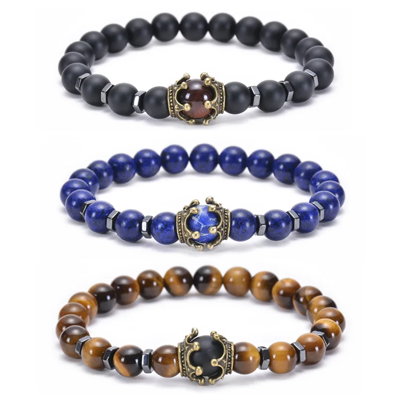 

new Charm Fashion Natural Jewelry Elasticity Antique Crown Blue Tiger Eye Stone Beaded Men Bracelet