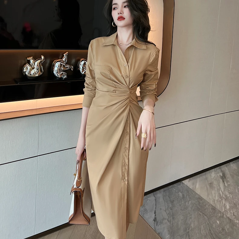 

ZYHT 6008 Fashion Women Clothing Ruched Waist Long Sleeve Casual Midi Dress Office Lady Elegant Casual Shirt Dresses